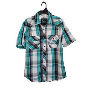 Manchine Shirt Men Medium Black, White, Teal Buttoned Up Short Sleeve